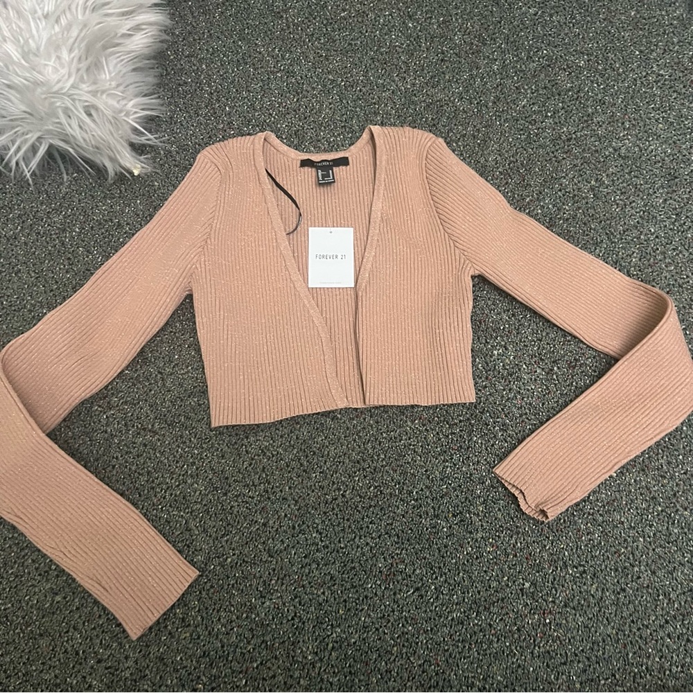FOREVER 21 Nude Beige Tan Camel Cropped Ribbed Cardigan Sweater Top Shirt Sz M - Picture 9 of 16